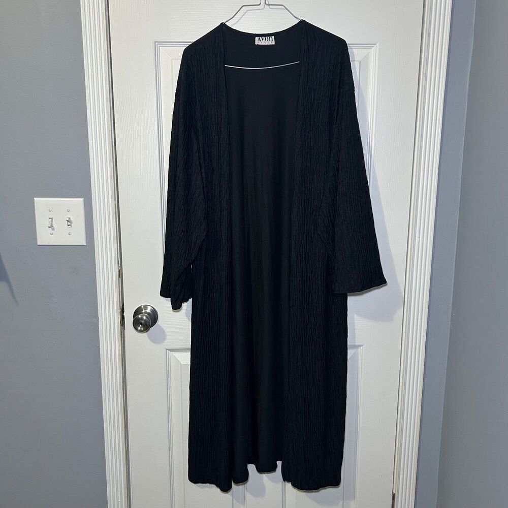 Vintage Avon Style Kimono Women's XL Black Long Open Front Crinkle Textured